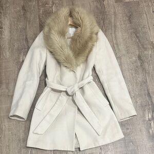 H&M Cream Trench Coat with Faux Fur Collar